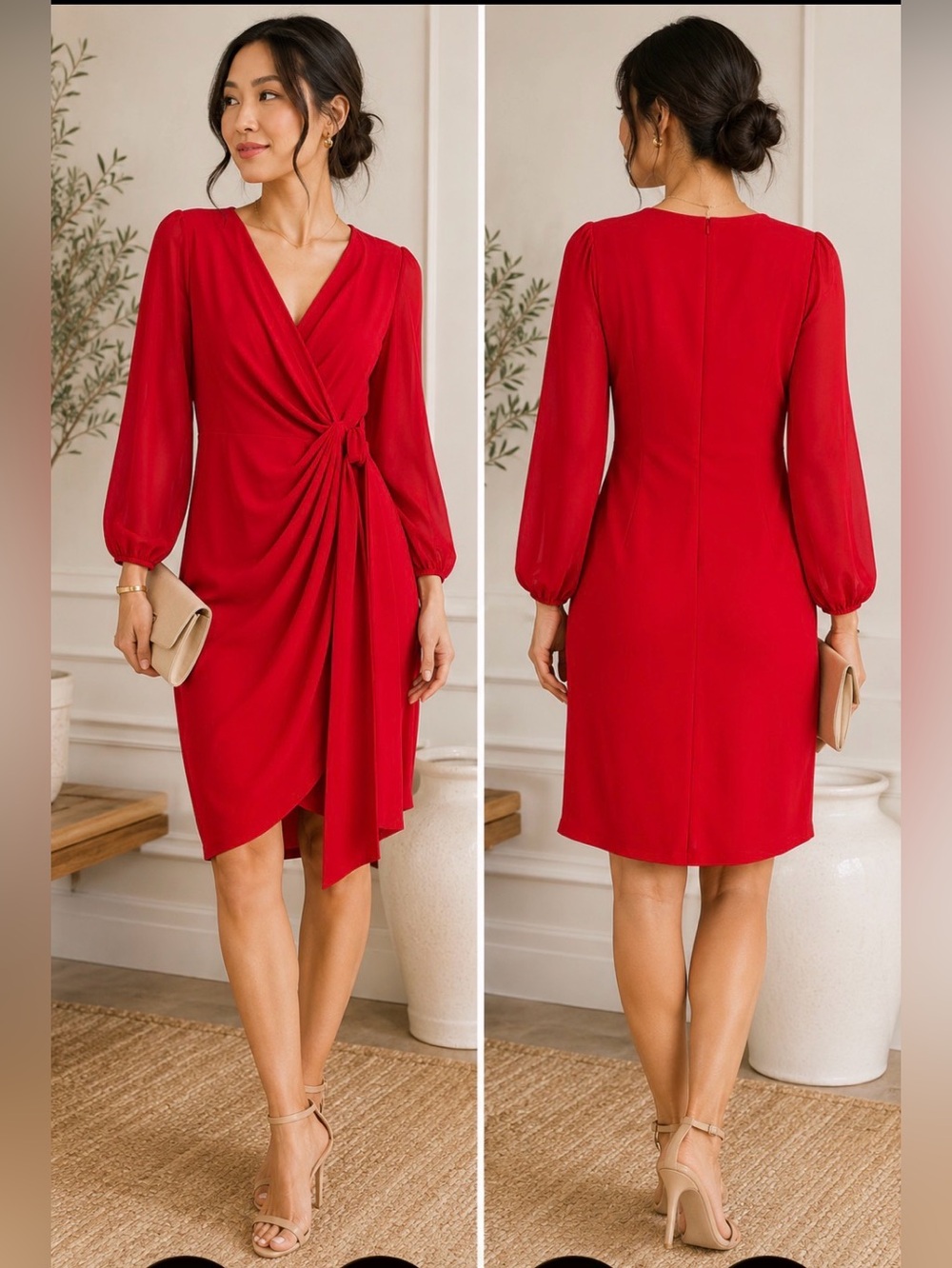 Joseph Ribkoff Red Faux Wrap Cocktail Dress Sheer Sleeve  Sz 4